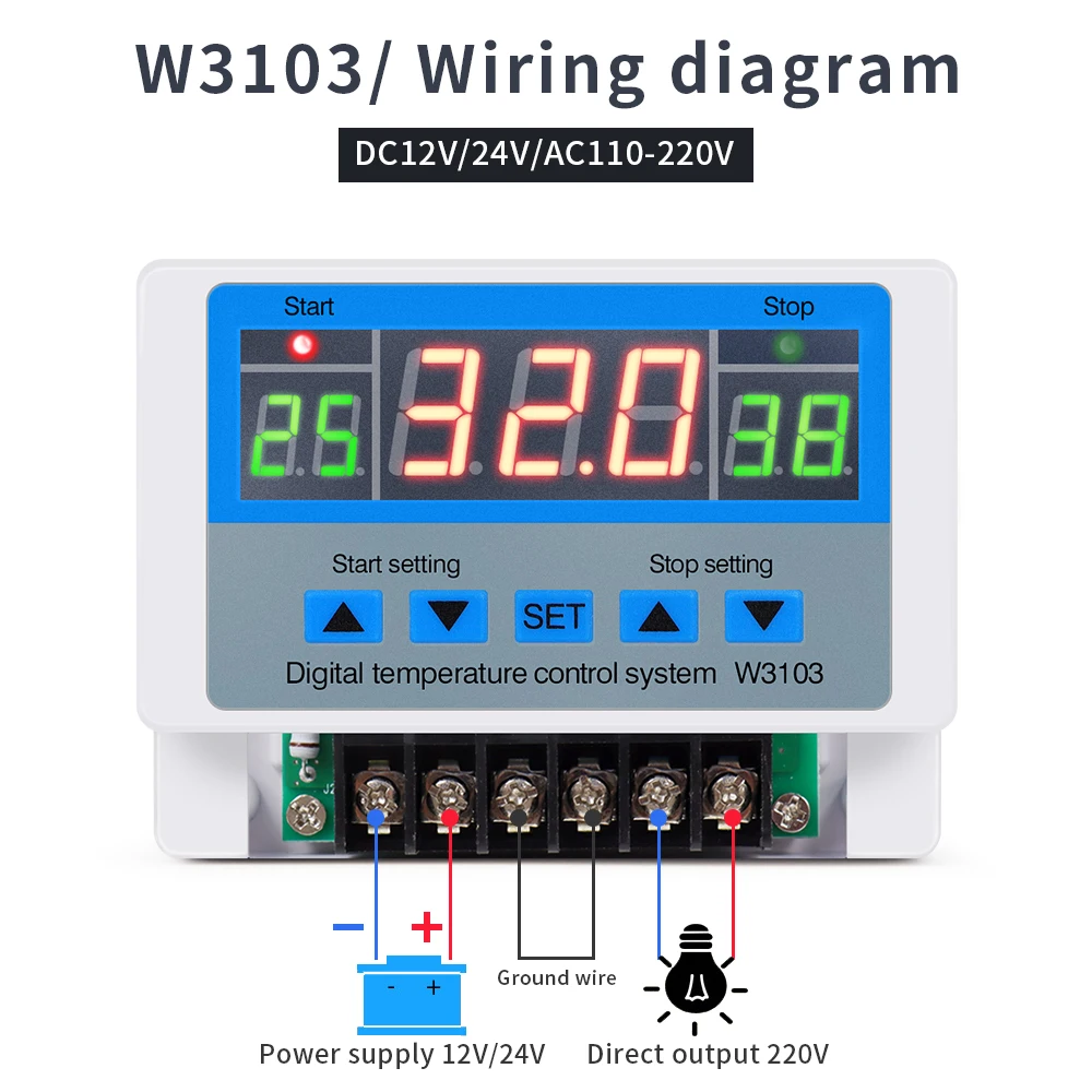 W3103 Digital Temperature Controller AC 110-220V High Power 30A Automatic Thermostat Heat/Cooling/Timing Adjustable Temperature