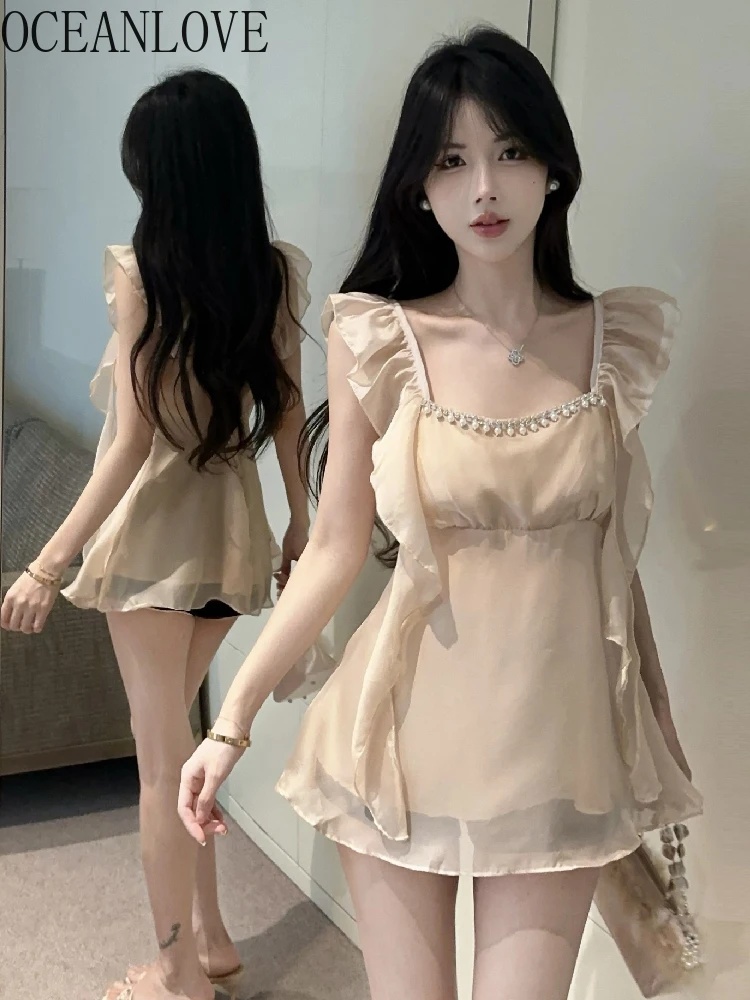 

OCEANLOVE Sweet Ruffles Women Shirts&blouses Solid Beading Spring Summer Blusas Mujer Korean Fashion Elegant Camisas
