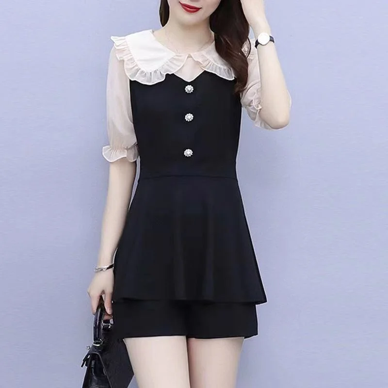 2022 Summer New Plus Size Clothing Women\'s Dress Fashion Casual Doll Collar Top Shorts Two Piece Set Professional Suit For Women