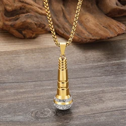 HAOYI Microphone Pendant Necklace Men 18K Gold Color Fashion Hip Hop Rhinestone Hhigh-end Stainless Steel Jewelry Onlyfans Gift