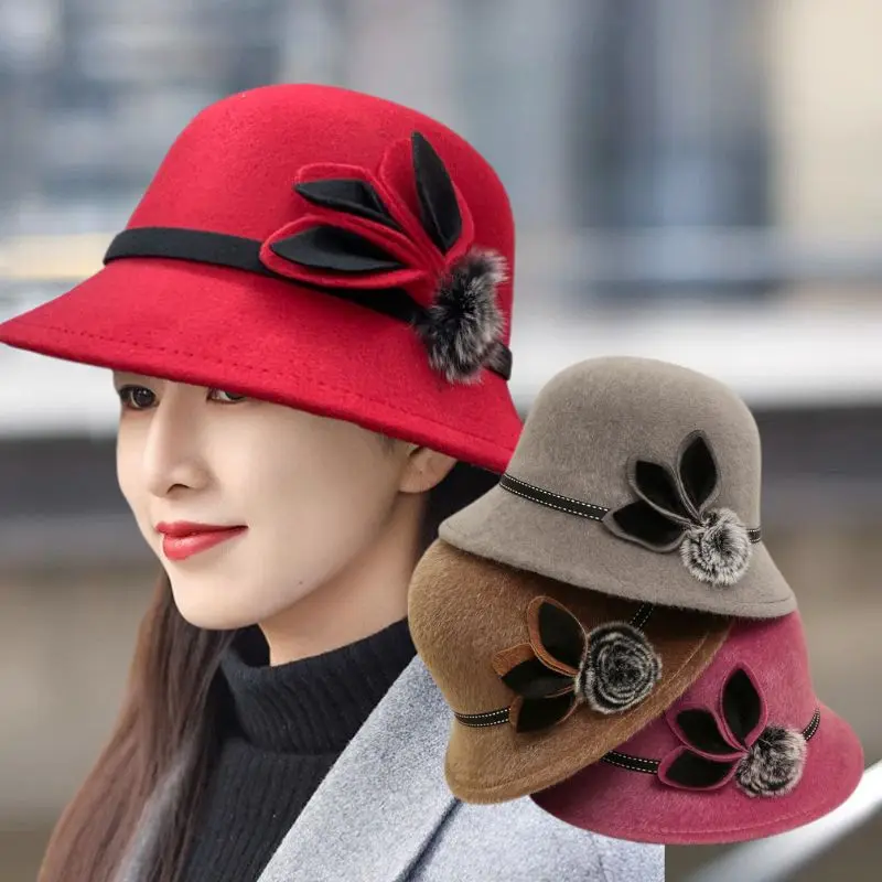 

Fedoras Cap Jazz Cap Women Pompom Dome Hat Bowler Dome Wool Hat Vintage Elegant Wool Ladies Church Hat Winter Autumn Warm Cap