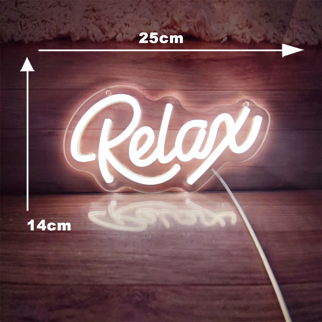 Relax Letter LED Neon Sign Clear Acrylic USB Operated Warm White Neon Light for Wall Bedroom Game Room Bar Decor