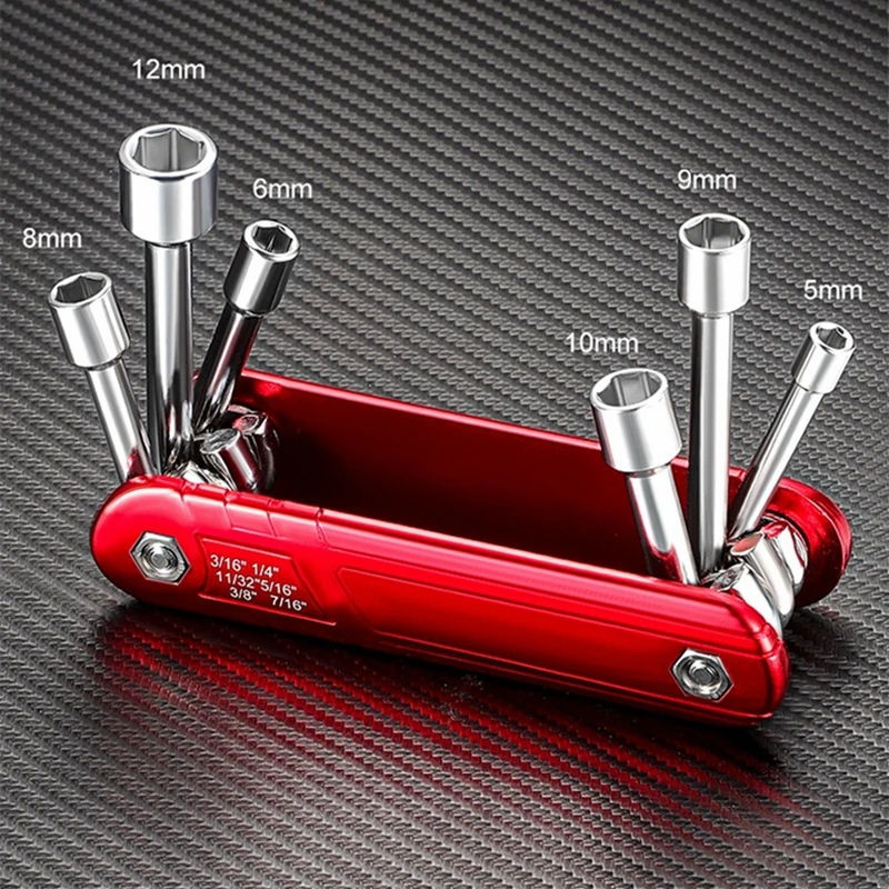 Folding Socket Wrench Set(Imperial/Metric) 6 in 1 Portable Hex Nut Driver Sleeve Hand Tools for Bicycle Auto Furniture Repairing