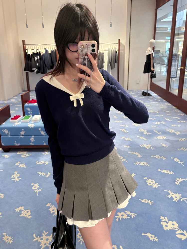 

Cisas Limited Sweet Sle Women's Knitted Sweater V-Ne Long Sve Slim Fit Base irt Knot Wool Blend