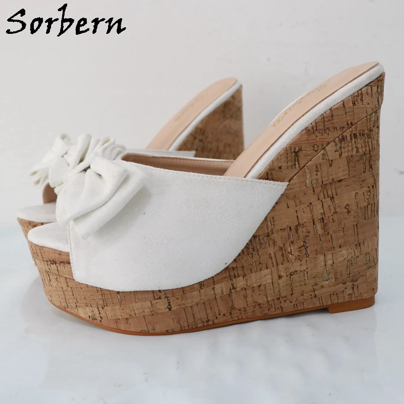 Sorbern White Faux Suede Bowknot Wedge Slippers Comfortable Platform Cork Style Multi Color Open Toe Slides Female Shoes