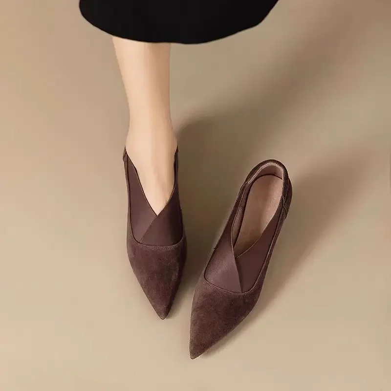 Hot New Spring Sheep Suede Flat Bottomed Women's Shoes with Raised Height Inside Pointed Toe Women Pumps Shoes for Women Loafers