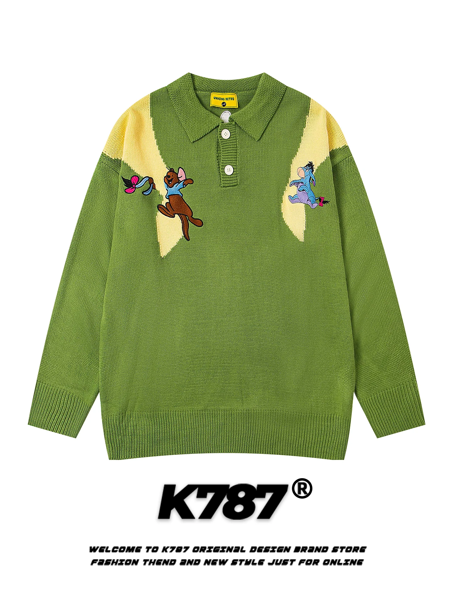 

Американский уличный свитер с мультяшной вышивкой, свободный повседневный вязаный свитер с воротником для мужчин и женщин