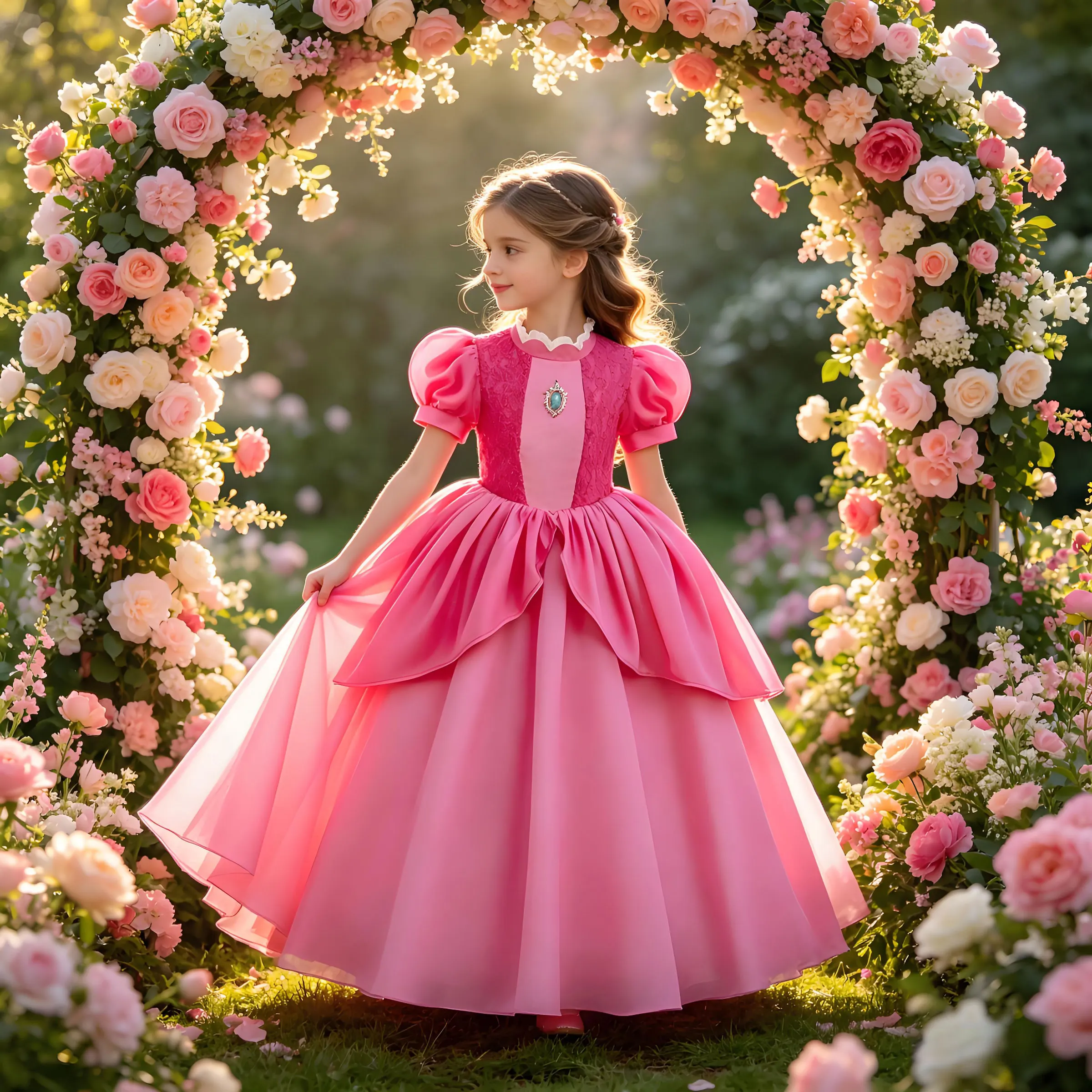 Hot Movie Pink Princess Peach Short Sleeve Clothing Infant Girls Cosplay Princess Peach Performance Dress + Accessories Set