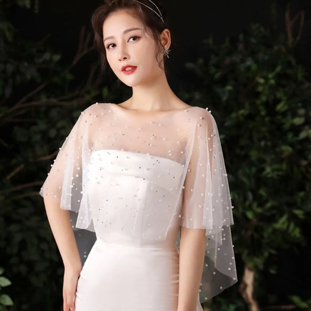 Fashion Lace Bride Wedding Dress Shawl Party Jacket Wraps Dress Decor Pearl Cape Soft Sheer Jewel Collar For Women Dress image 2