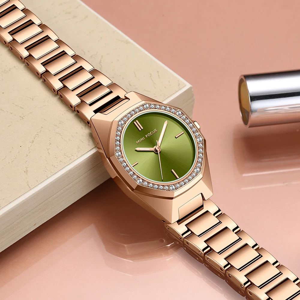 MINI FOCUS Simple Analog Quartz Watch Women Rose Gold Stainless Steel Strap Dress Wristwatch with Octagon Case Green Dial 0433