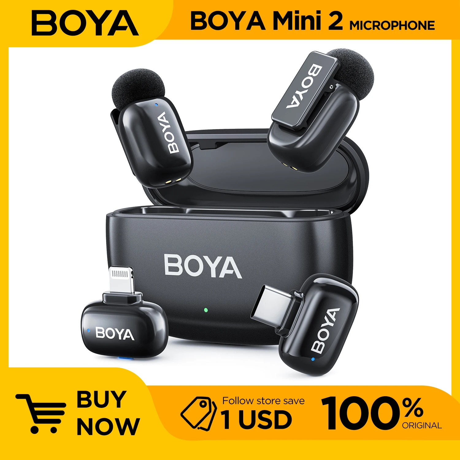 

BOYA Mini 2 Беспроводной петличный микрофон, 2 шт. — всенаправленный конденсаторный микрофон для записи видео USB C