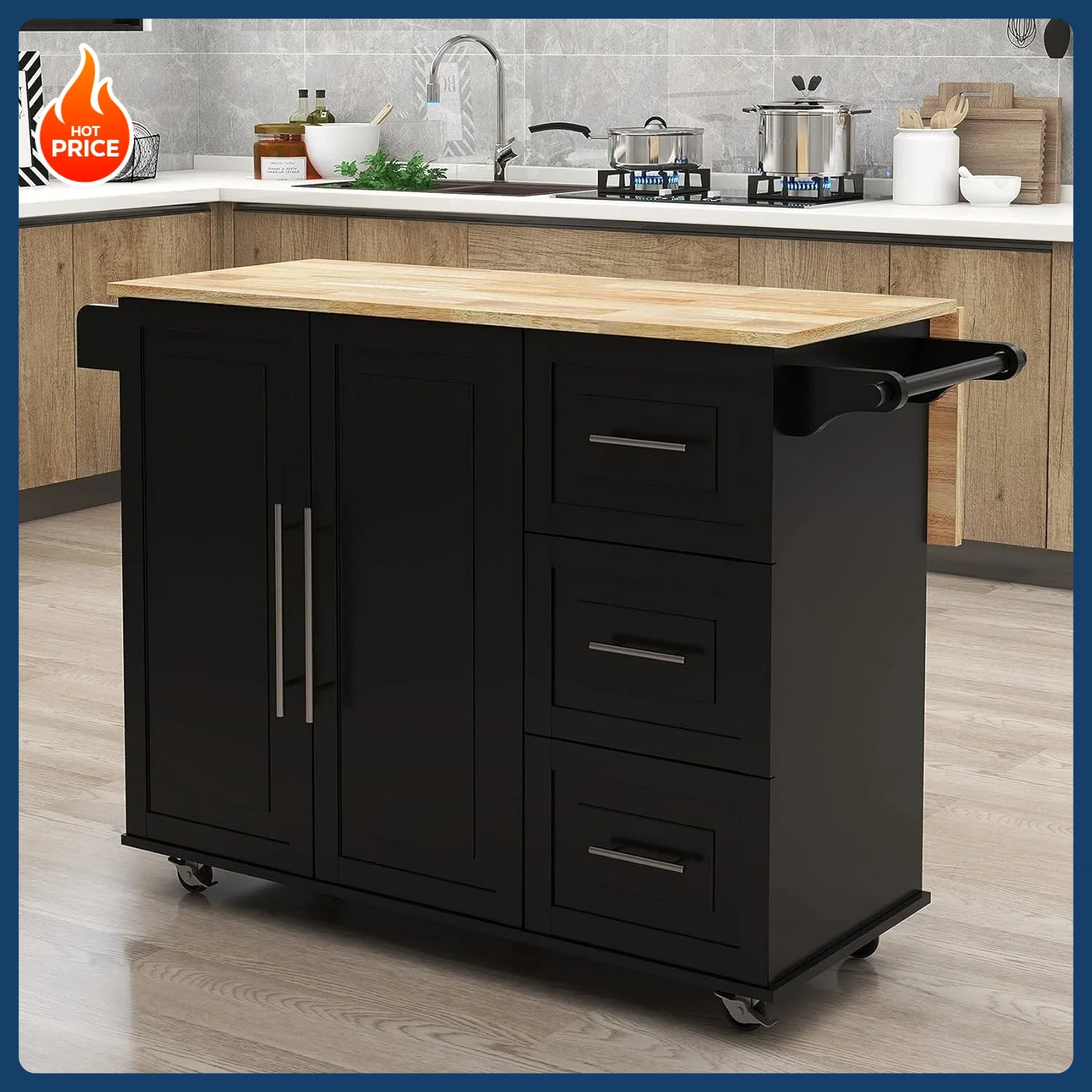 [أفضل بائع! عربة جزيرة المطبخ على عجلات وعربة المطبخ المصنوعة من الخشب المطاطي مع خزانة تخزين وأدراج وعربة المطبخ