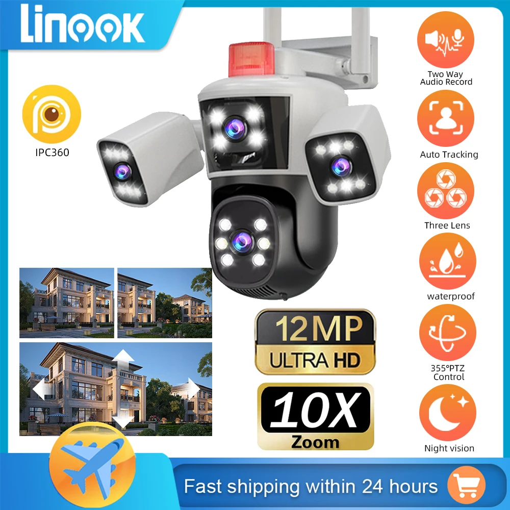 Linook 12MP 6K 3 lens WiFi surveillance camera security protection camera CCTV outdoor WiFi camera IP camera PTZ