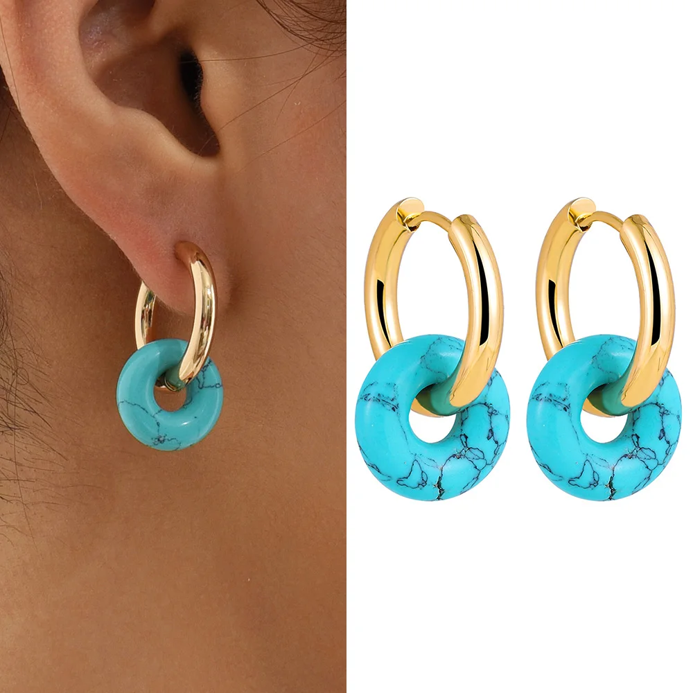 Charm Natural Stone Round Donuts Beads Gold plated Hoop Huggie Earrings for Women Statement Stainless Steel Hoops New Trend