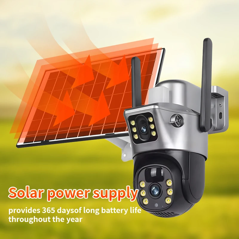 V380 كاميرا تعمل بالطاقة الشمسية في الهواء الطلق 4G بطاقة Sim 4MP عدسة مزدوجة واي فاي كاميرا IP لوحة طاقة شمسية مقاومة للمياه PTZ اتجاهين الصوت سحابة بطاقة الذاكرة