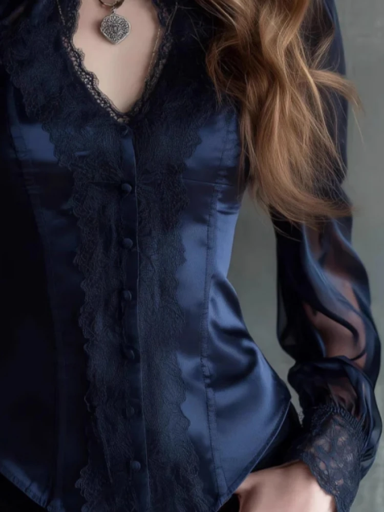 

Элегантная сексуальная кружевная лоскутная атласная рубашка с v-образным вырезом для женщин, прозрачный облегающий топ с длинными рукавами, модная новая блузка на весну и лето