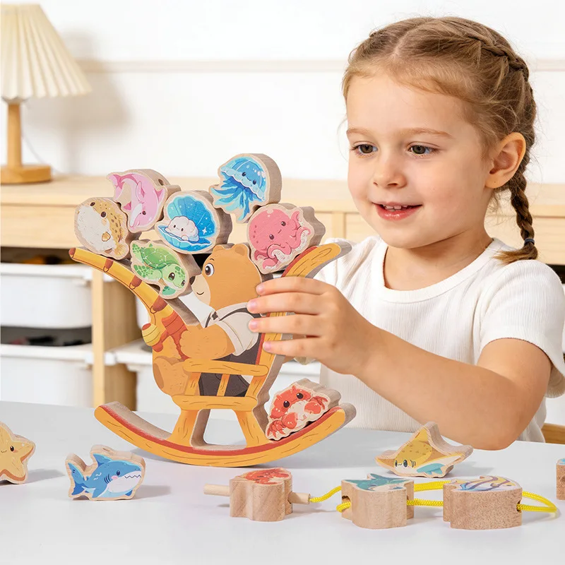 Wooden Bear Fishing Balance Game, Montessori Stacking Toy for Toddlers, Educational Interactive Building Block Set for Kids