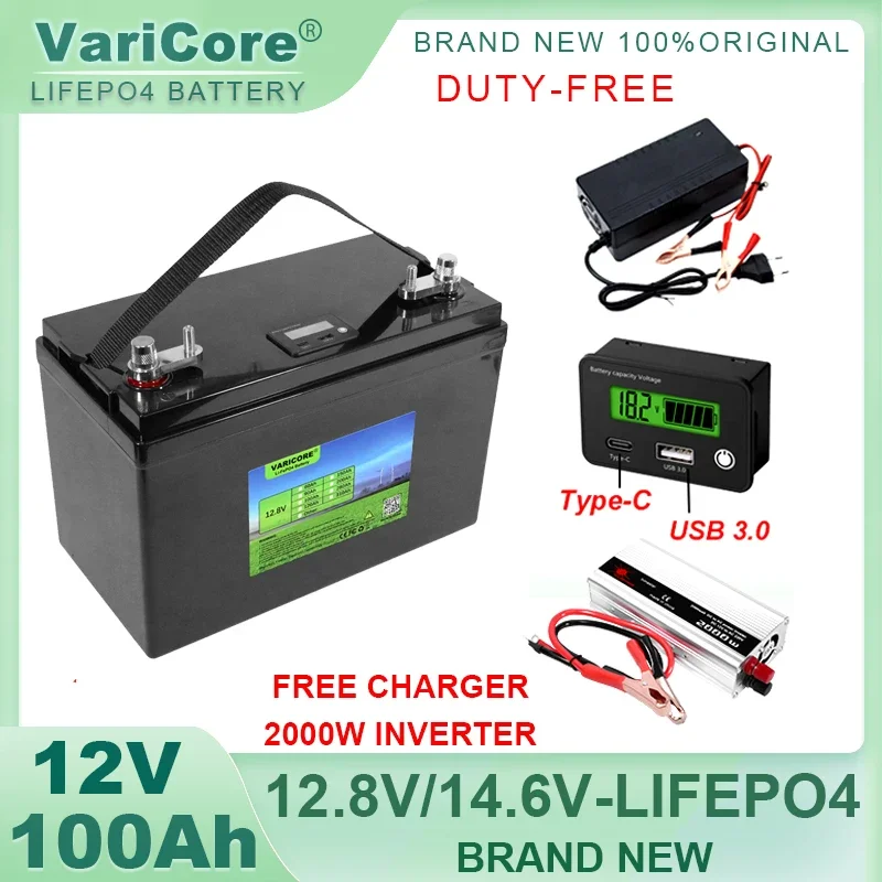 VariCore 12V/12.8v 100ah LiFePO4 Battery 14.6v Outdoors Touring Car Multifunctional USB3.0 Type-C Output Golf cart Duty-free