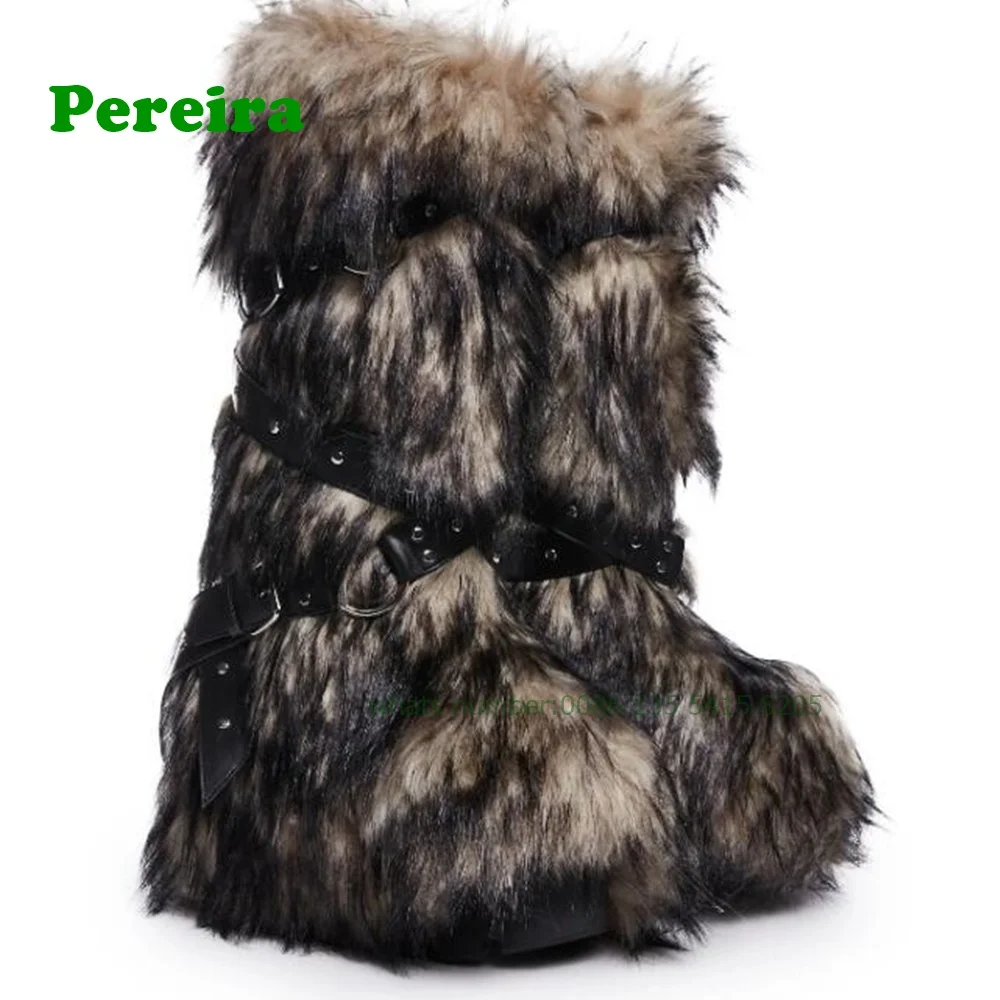 Animal Fur Belt Buckle Snow Boots Round Toe Height Increasing Knee High Women\'s Boots Plush Winter Warm Casual Shoes Luxury