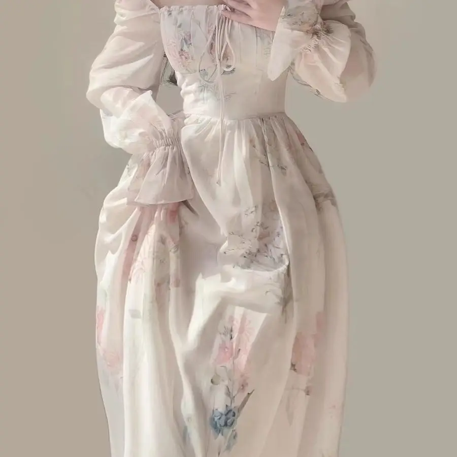 Women Fairycore Chiffon Tea Dress 2026 New Spring Summer Long Sleeve French Elegant Gentle Style Sweet Mini Dress Robe