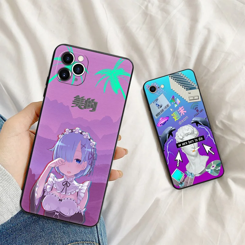 Silicone Black Phone Cases for iphone 16 Pro Max 7 8 14 15 Plus SE XR 11 12 13 Mini 15Pro Vaporwave Girl Anime Soft Cover