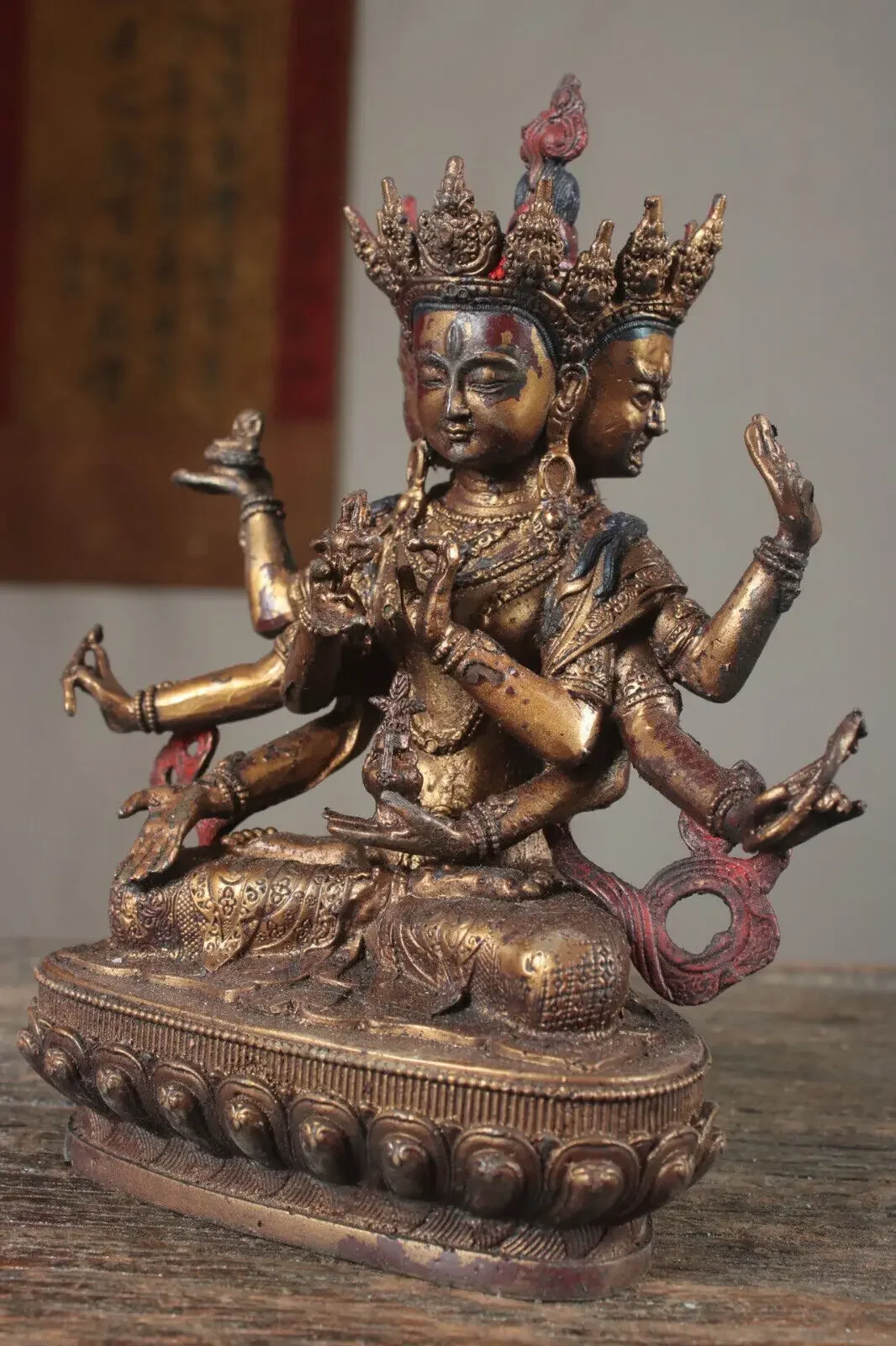 21cm Old Tibetan Buddhism temple Bronze gilt Three sided eight arm Guanyin statue