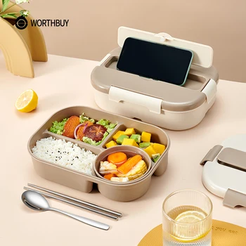 WORTHBUY 젓가락 및 스푼 분할 도시락 상자, 휴대용 전자 레인지 안전 누출 방지 식품 용기, 학생 성인용