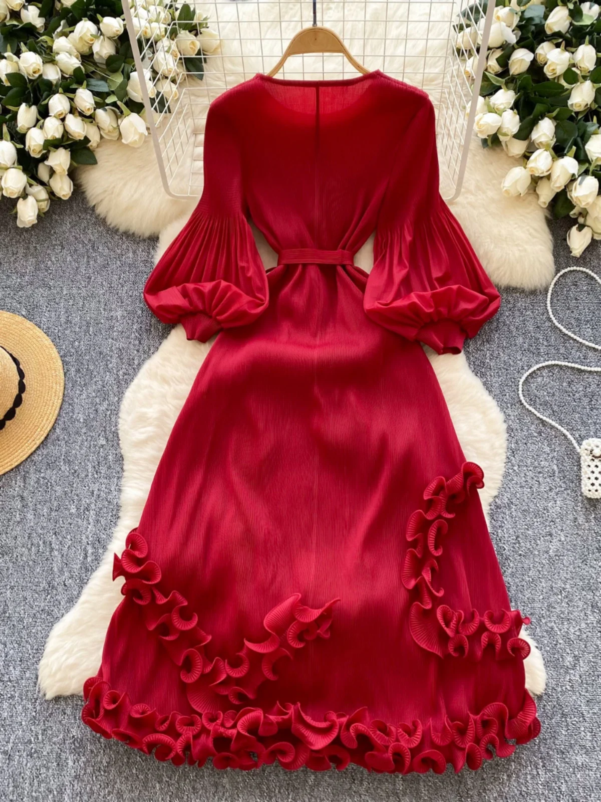 エレガントなプリーツコートスタイルランタンスリーブドレス レディース 春シーズン ハイウエストベルト付きロングドレス 韓国版Aラインスカート