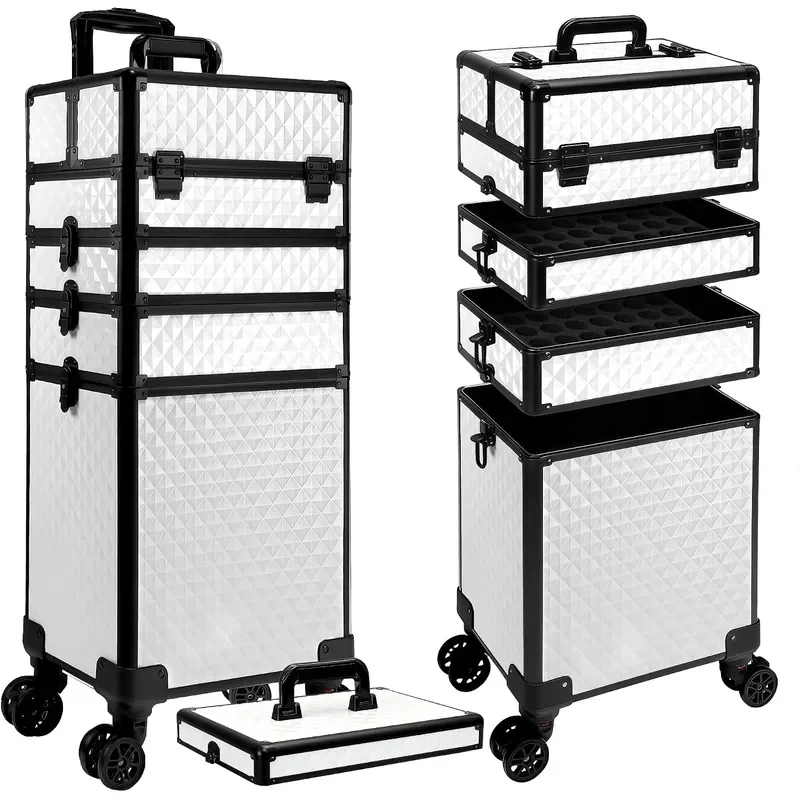 5 in 1 Rolling Makeup Train Case on Wheels Large Cosmetic Organizer Travel Cart for Women Beauty Salon Barber Hairstylist