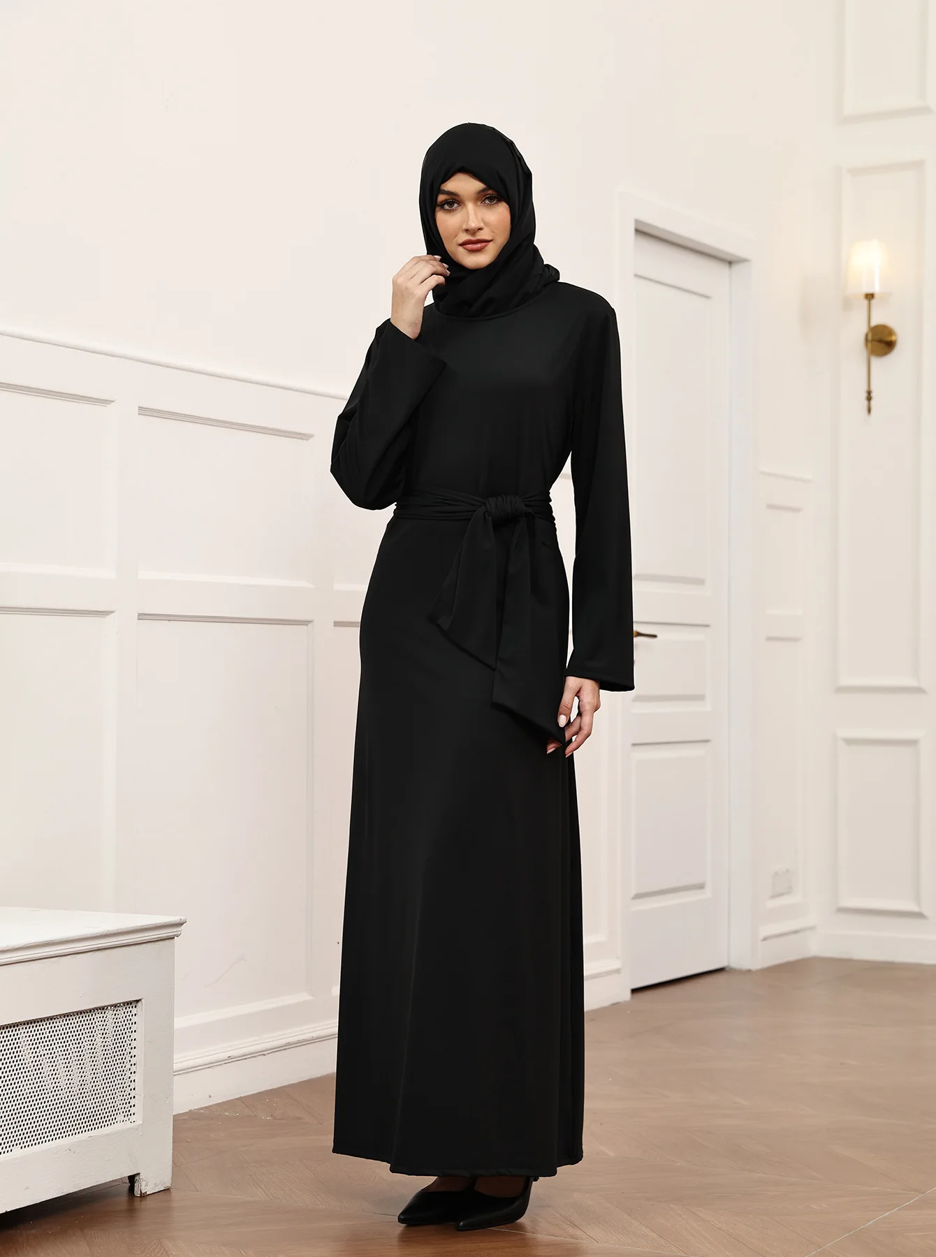 

Джеллаба к празднику Ид Мубарак, черная абайя, мусульманское женское платье, арабский халат, с поясом, дубайский кафтан, исламская одежда, джалабия, Рамадан