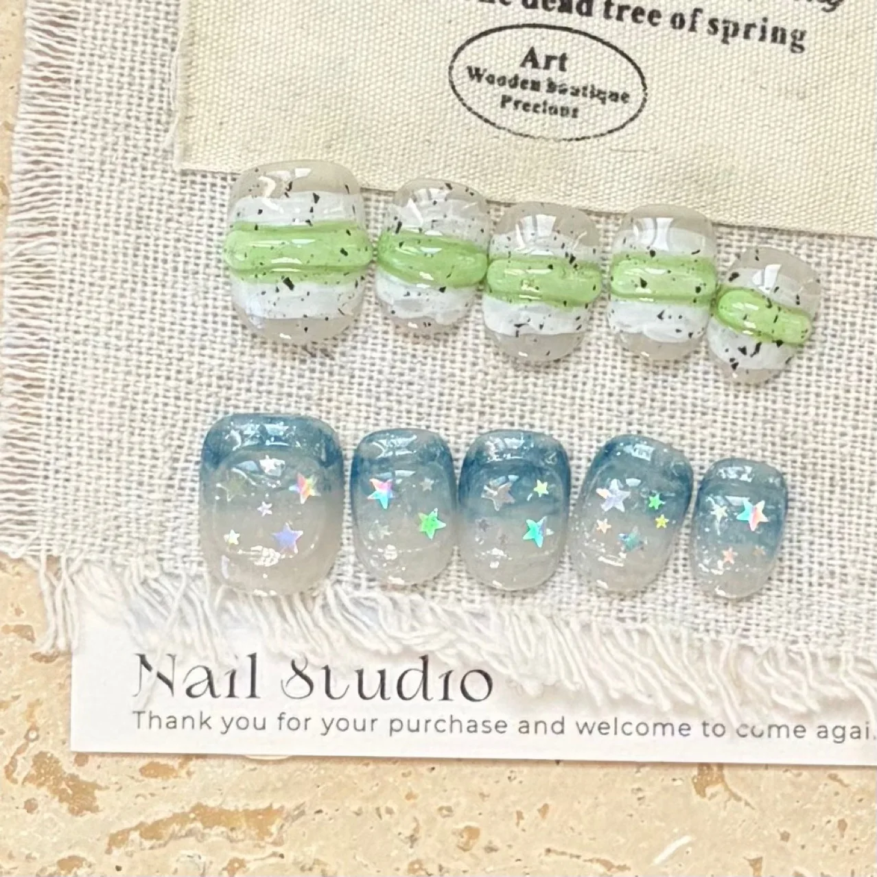 

10PCS Handmade Nails Sweet Cute Star Contrasting Colors Gradient False Nails with Stripe Design High End Acrylic Press on Nails