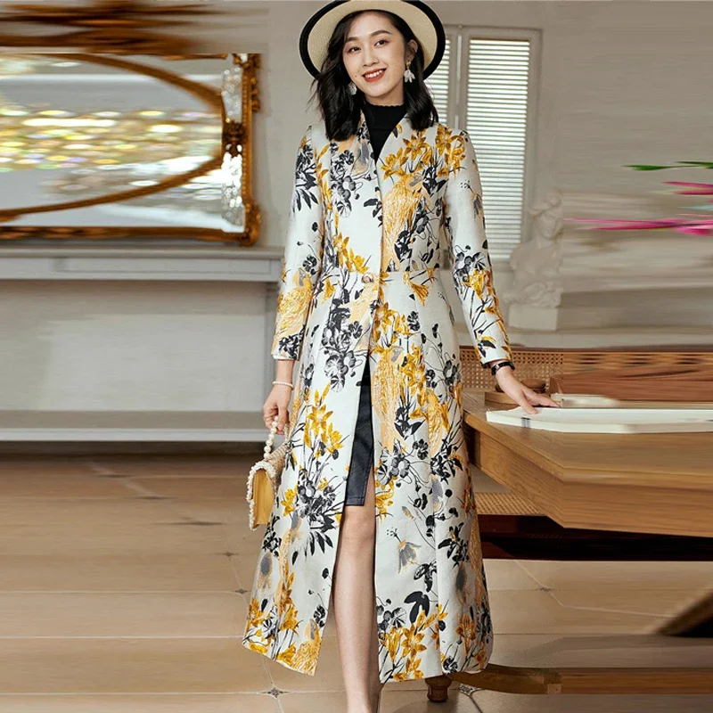 

Fall Spring 2023 New Women Vintage One Button Dobby Floral Long Trench Coat , Woman Slim High Waisted Yellow Flower Coats