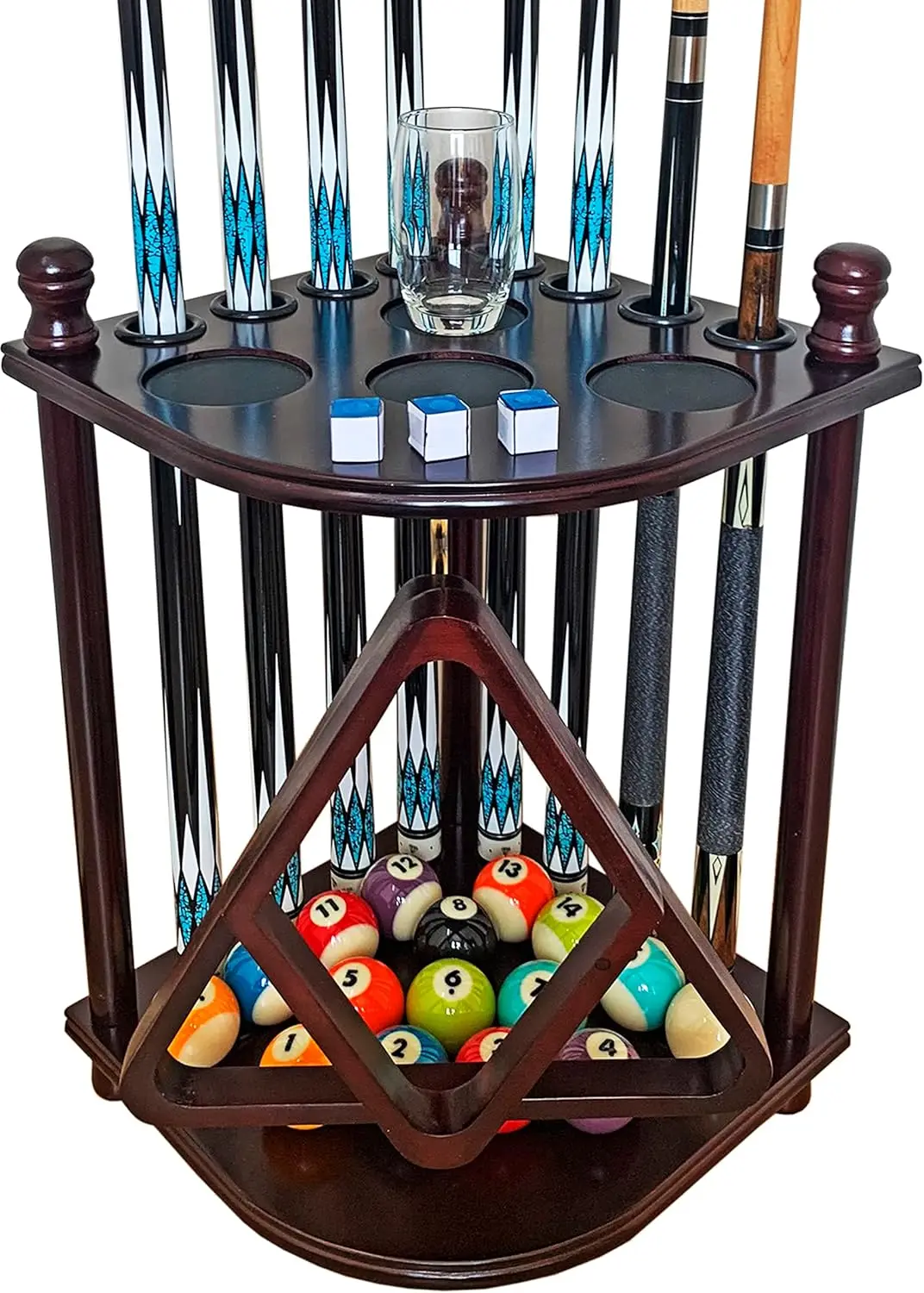 

Solid Hardwood Pool Cue Rack Holds 8 Sticks, Floor Stand Billiard Accessories in Mahogany