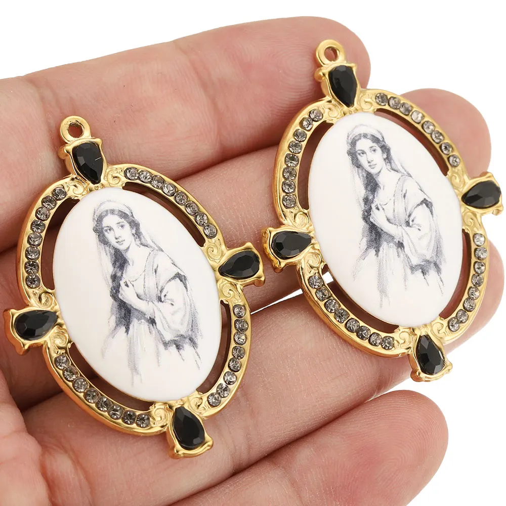 2pcs Stainless Steel Oval Vintage Portrait Frame Border Enamel Charms Bag Pendant for DIY Jewelry Necklace Making Wholesale