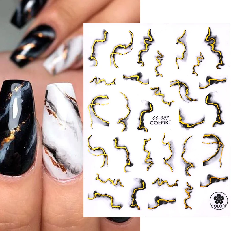 Black Gold Blooming Smoke Stickers Press on Nails Marble Design Coloring Manicure Decals Golden Wave Drawing Nail Water Slider