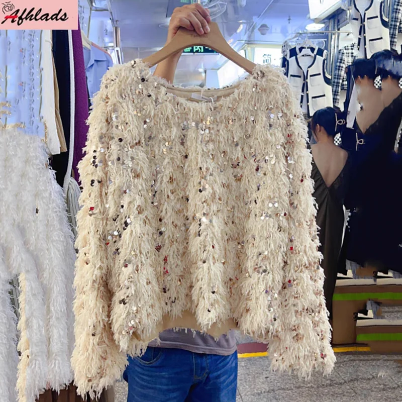 Autumn And Winter New Round Neck Female Sequins Long Sleeve Straight Women\'s Wear Loose Casual Feather Tassel Tops