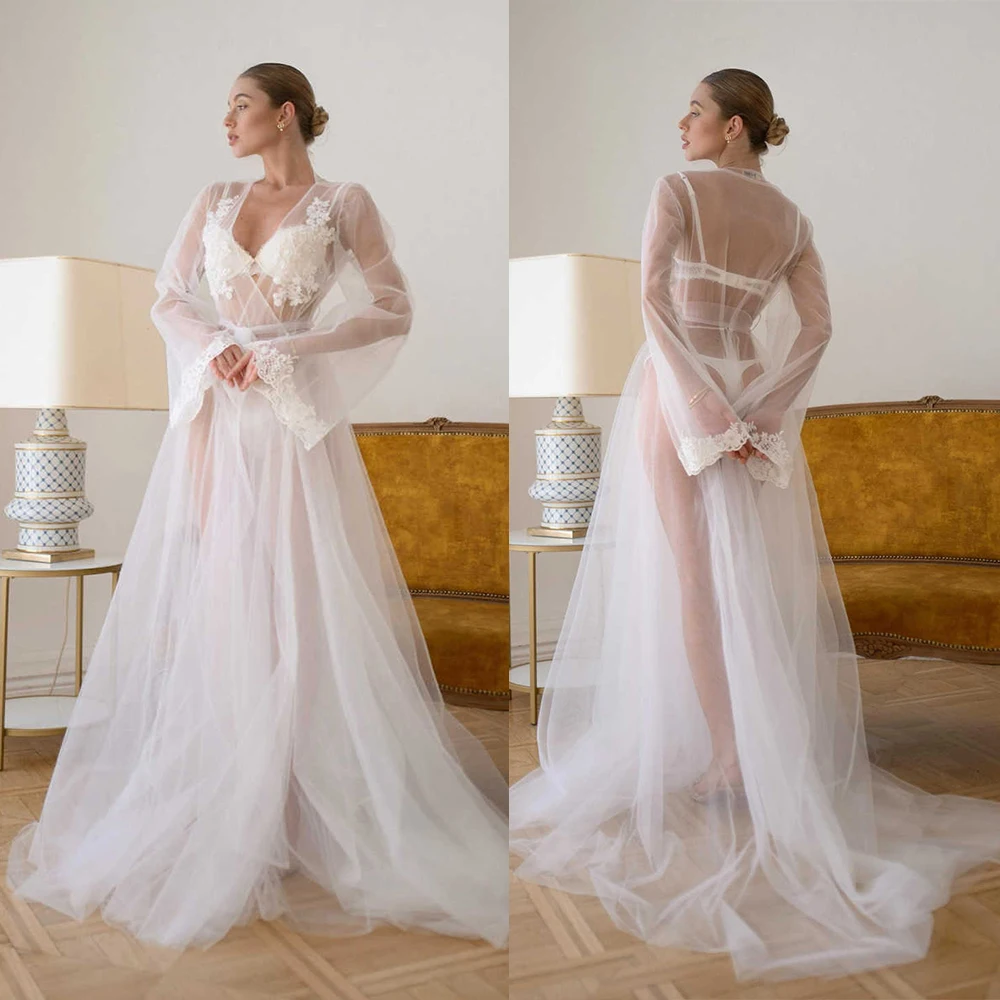 

Bridal Dresses for Photoshoot Lace Applique Tulle Women Robe Sheer Maxi Gown Wedding Bride Boudoir Babydoll Sleepwear Nightwear