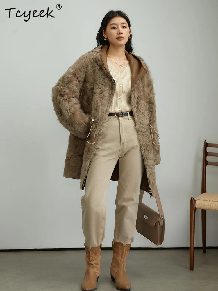 Tcyeek 울 가을 겨울 고급 트렌디 후드 양면 착용 중간 길이 여성 울 시어링 퍼 코트 여성용 모피 코트