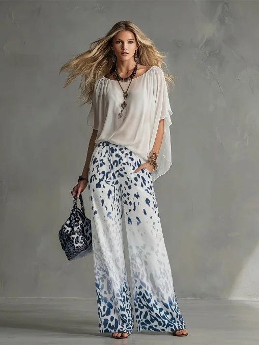 Women Fashion 2-Piece Outfit Flowy Batwing Sleeves Chiffon Blouse Gradient Leopard Print Wide Leg Pants Casual Summer Co-Ord Set