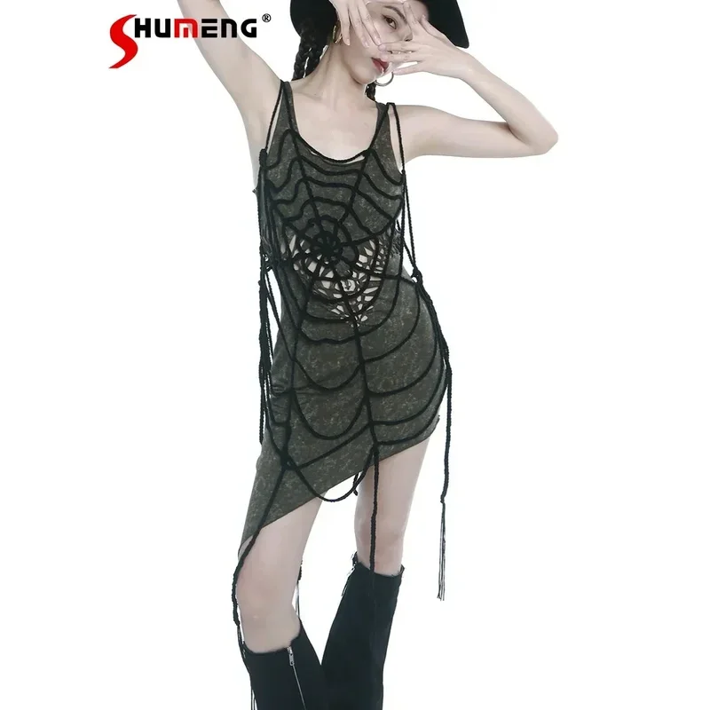 고딕 손으로 짠 거미줄 탑 여성 술 긴 겹치는 캐미솔 레드 블랙 펑크 고스 홀 니트 풀오버 조끼 Femme