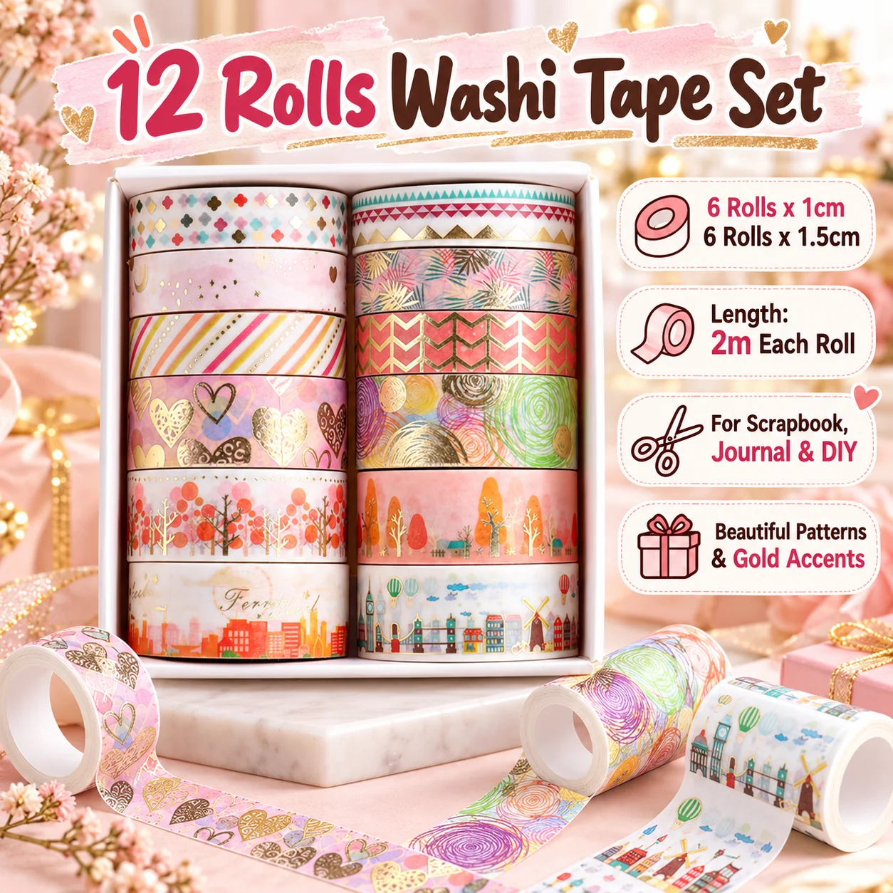 12 Rolls Gold Foil Washi Tape Set, 2 Widths 1cm 1.5cm 2m Pastel Patterns For Journal Scrapbook Diy Craft Gift Wrap Decor