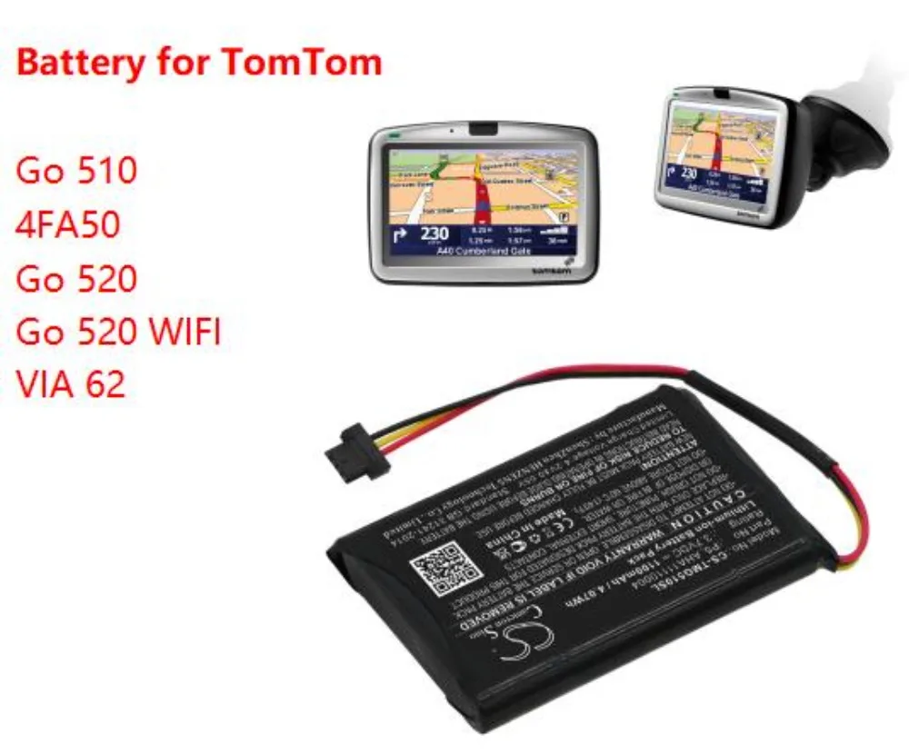 

CS 1100mAh GPS, Navigator Battery for AHA11110004, P5, P6 for TomTom 4FA50, Go 510, Go 520, Go 520 WIFI VIA 62 3.7V 4.07Wh