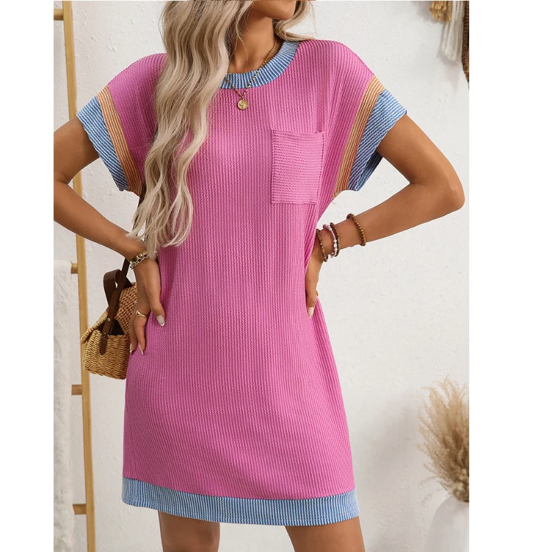 2025 New Women's Autumn Casual Contrasting Color Twisted Strip Short-sleeved Pocket Dress