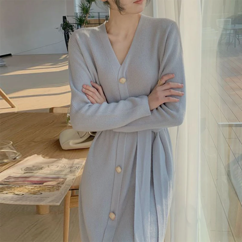

V-Neck Belt Waist Knitted Dresses Autumn Winter Solid Color Slim Casual Dresses Women's Single Breasted Fashion Sweater Dresses