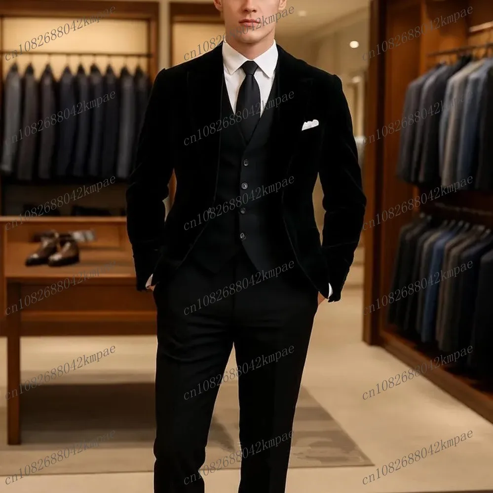 

New Black Velvet Blazer Men Formal Tuxedos Groom Groomsman Wedding Party Prom Male Business Suit 3 Piece Set Jacket Vest Pants