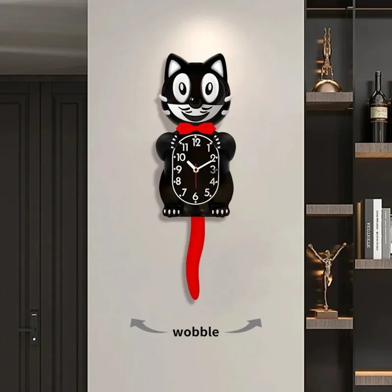 

New Cat Wall Clock Battery Operated Silent Non Ticking With Tail Wall Clock For Gift Decor Black