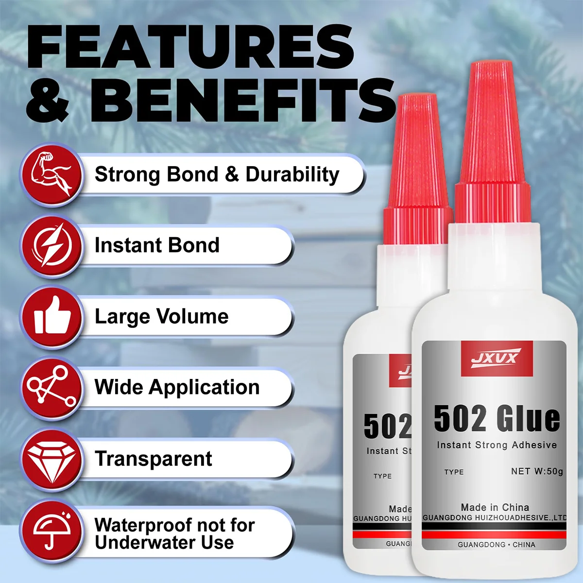 Jxvx 50g 502 Super Glue Instant Fast Drying Cyanoacrylate Adhesive Leather Rubber Glass Wood Metal Strong Liquid Glue Tool, Larger Capacity, Adhesive Lasts Longer, 502 Super Glue