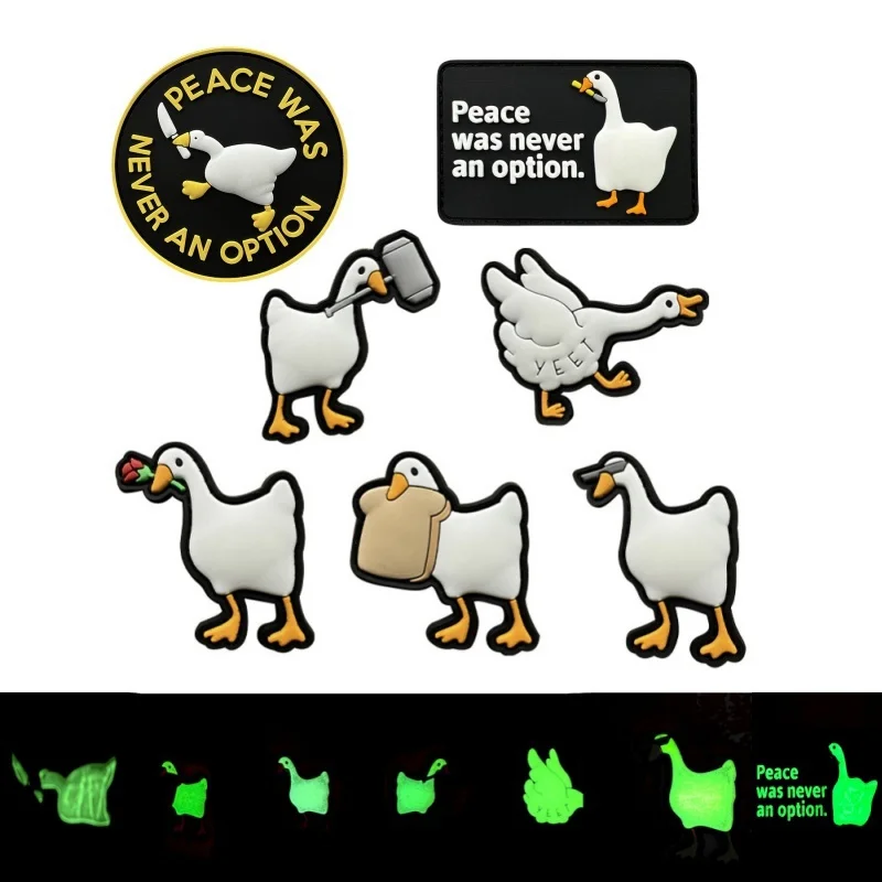 Cartoon White Goose Luminous PVC Patches Tactical Morale Badge Peace Was Never An Option Text Emblem Backpack Hook&loop Stickers