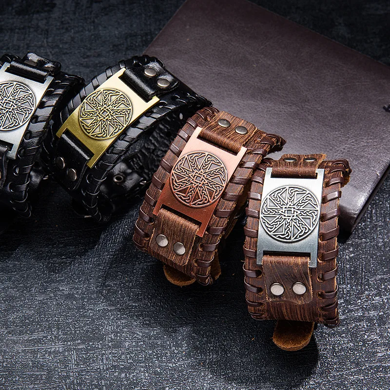 Punk Gothic  Individuality Exaggerate Tide Bracelet Handwork Leather Wristband Double-deck Closing wheel Wide leather bracelet