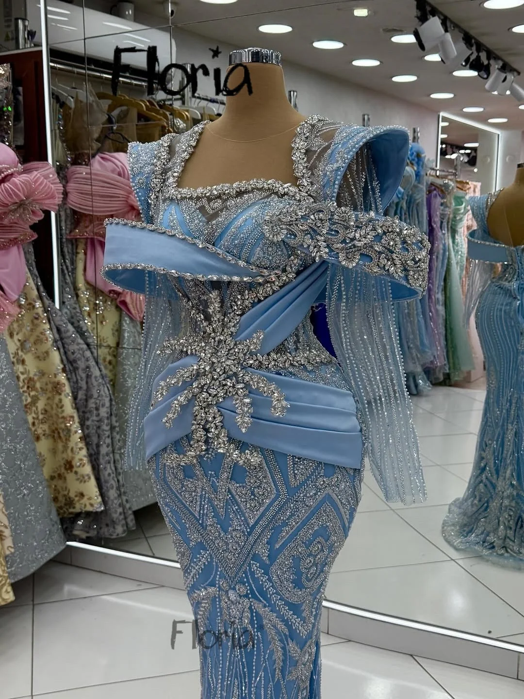 Długa niebieska sukienka damska z błyszczącymi kryształami, długi rękaw, suknia na wesele, sukienka na przyjęcie, szyta na miarę, syrenka, suknia na drugie przyjęcie, nowa suknia damska.